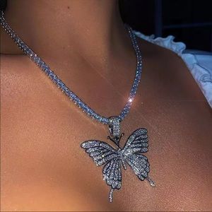Silver - Shiny Rhinestone Butterfly Necklace